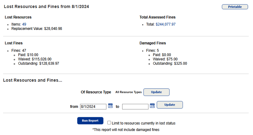 Lost resources and fines report setup page